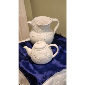 Vintage Elios Made in Italy Embossed Leaves Ceramic White Pitcher and Teapot